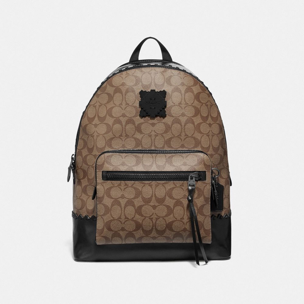 WEST BACKPACK IN SIGNATURE CANVAS WITH PATCH - TAN/BLACK ANTIQUE NICKEL - COACH F76876