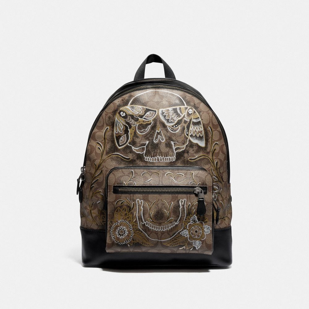 COACH F76877 - WEST BACKPACK IN SIGNATURE CANVAS WITH CHELSEA ANIMATION TAN/BLACK ANTIQUE NICKEL