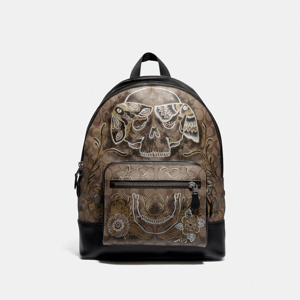 COACH F76877 West Backpack In Signature Canvas With Chelsea Animation TAN/BLACK ANTIQUE NICKEL