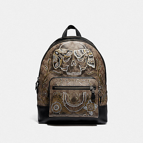 COACH F76877 WEST BACKPACK IN SIGNATURE CANVAS WITH CHELSEA ANIMATION TAN/BLACK ANTIQUE NICKEL