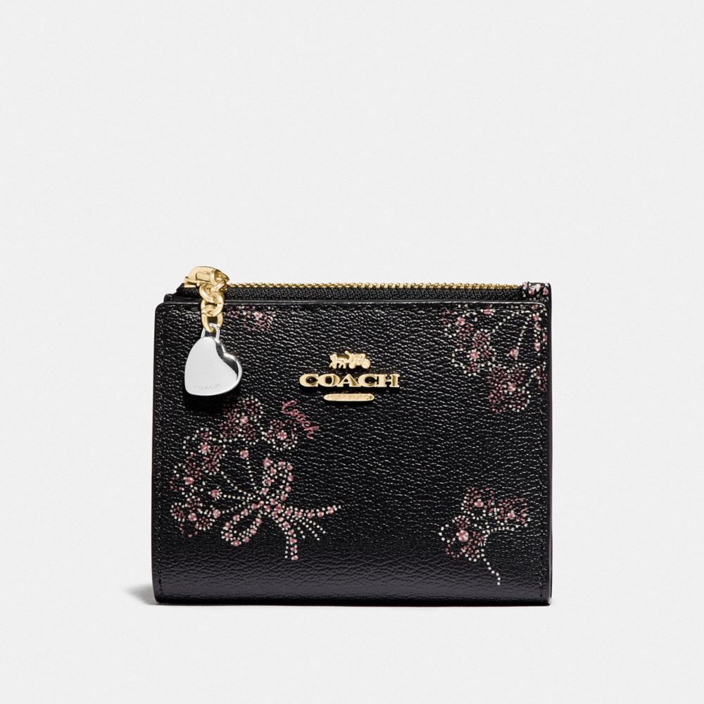 COACH F76880 Snap Card Case With Ribbon Bouquet Print IM/BLACK PINK MULTI