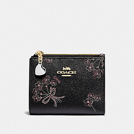 COACH SNAP CARD CASE WITH RIBBON BOUQUET PRINT - IM/BLACK PINK MULTI - F76880