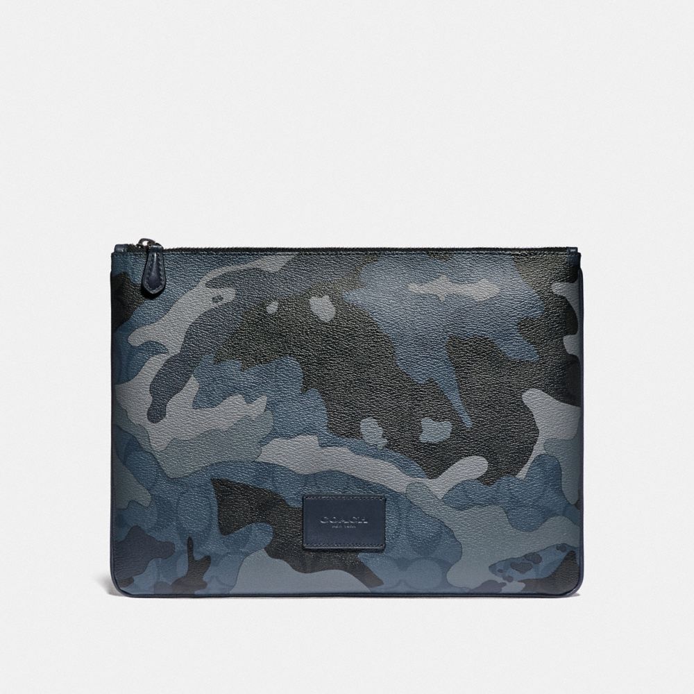 COACH F76950 LARGE POUCH IN SIGNATURE CANVAS WITH CAMO PRINT BLUE MULTI/BLACK ANTIQUE NICKEL