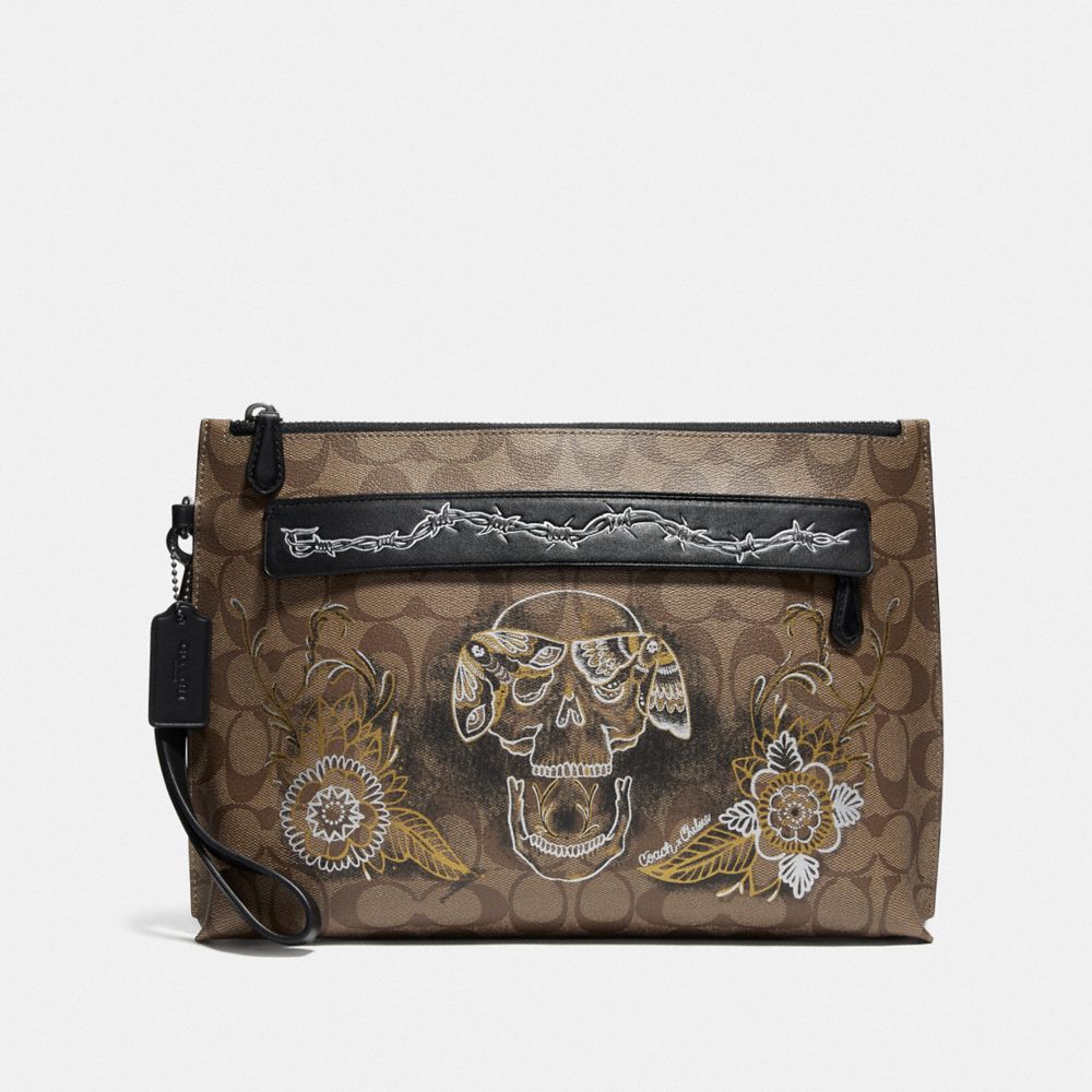 CARRYALL POUCH IN SIGNATURE CANVAS WITH CHELSEA ANIMATION - TAN/BLACK ANTIQUE NICKEL - COACH F76957