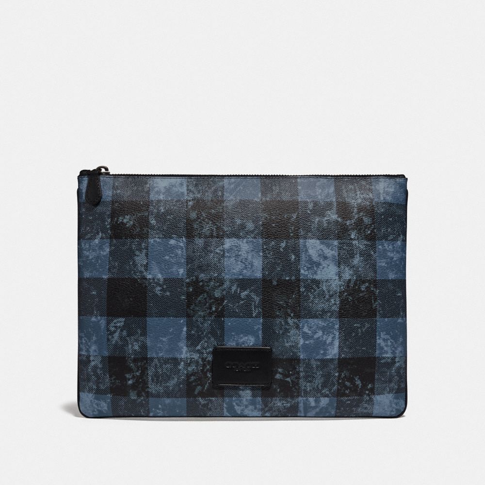 LARGE POUCH WITH GRUNGE BUFFALO PLAID PRINT - QB/DENIM - COACH F76964