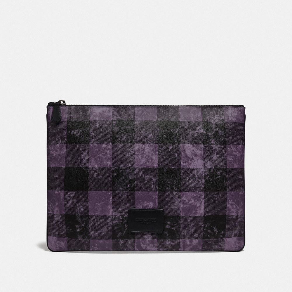 COACH F76964 Large Pouch With Grunge Buffalo Plaid Print QB/DEEP PURPLE