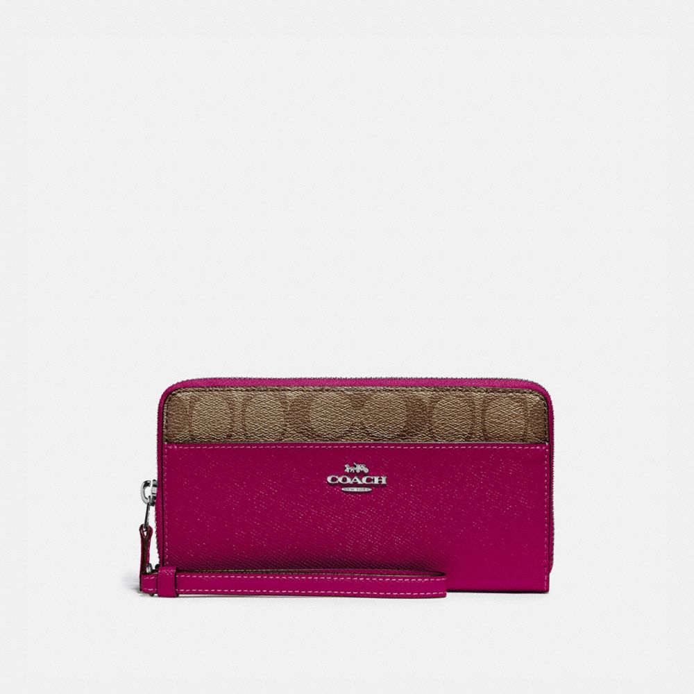 COACH F76971 - ACCORDION ZIP WALLET WITH SIGNATURE CANVAS DETAIL SV/KHAKI DARK FUCHSIA