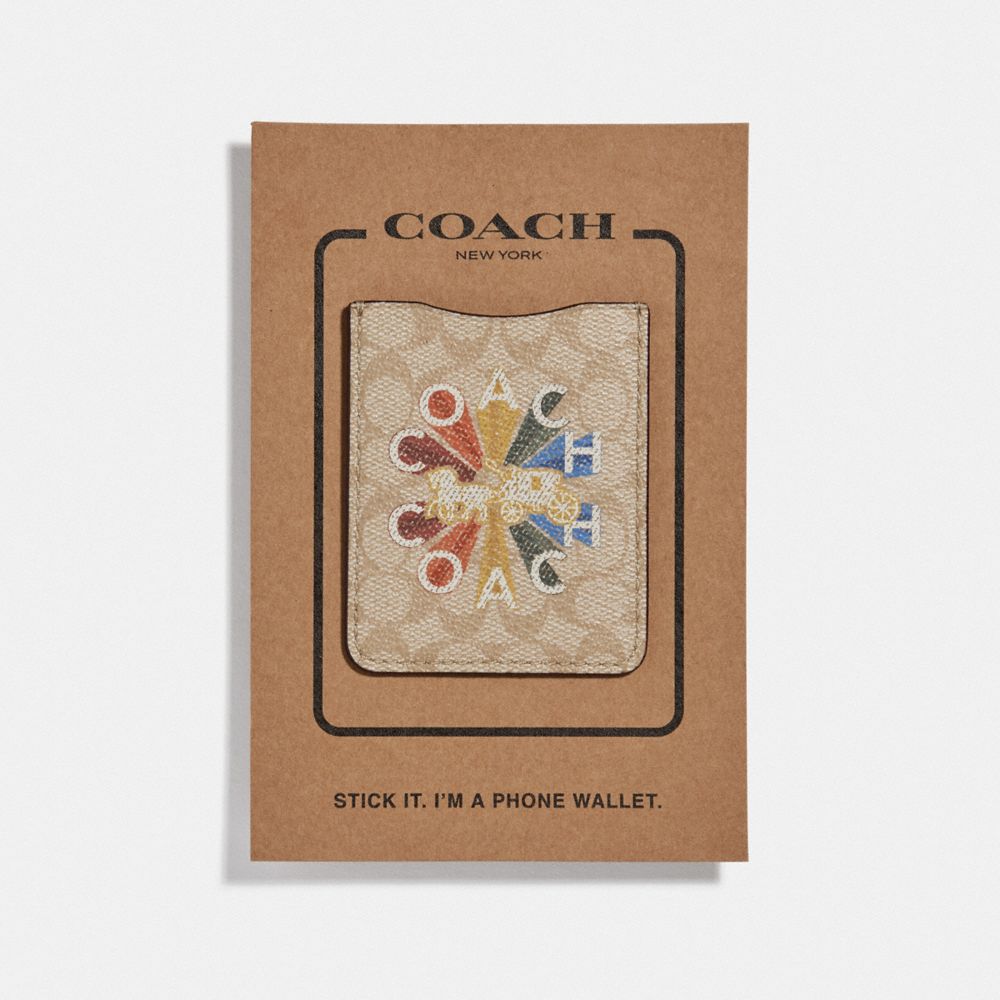 COACH F77257 Phone Pocket Sticker In Signature Canvas With Coach Radial Rainbow LIGHT KHAKI