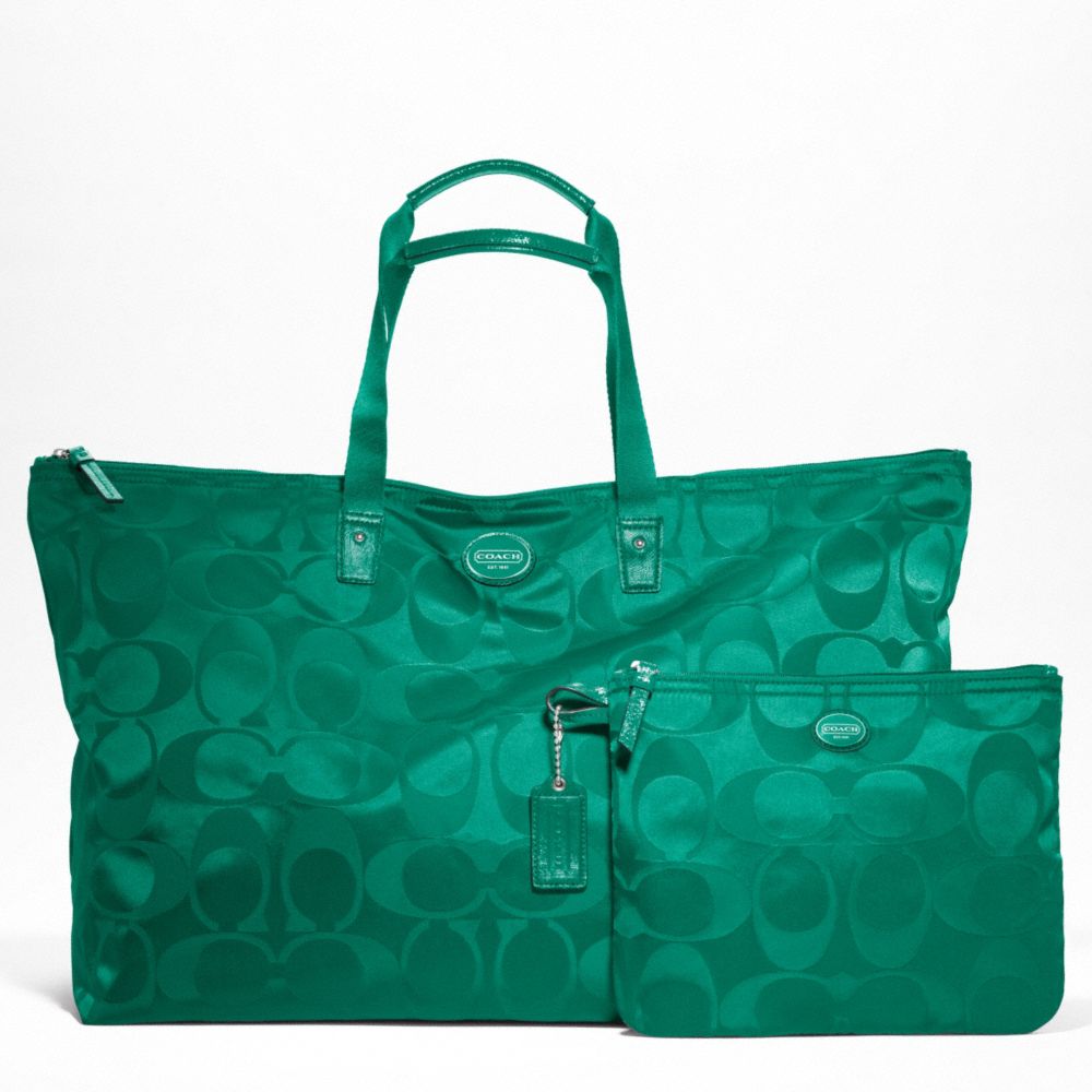 GETAWAY SIGNATURE NYLON LARGE PACKABLE WEEKENDER - SILVER/BRIGHT JADE - COACH F77316