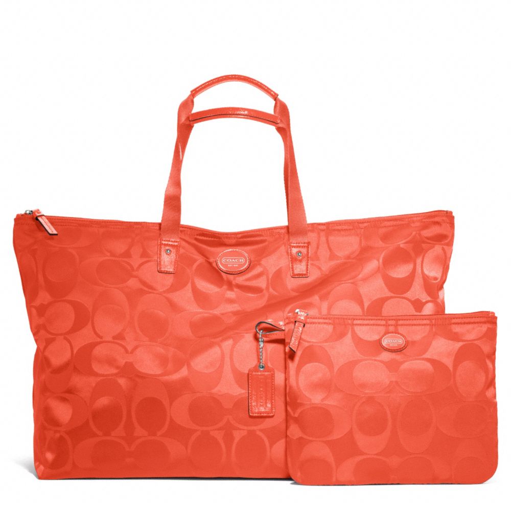 COACH GETAWAY SIGNATURE NYLON LARGE PACKABLE WEEKENDER - SILVER/HOT ORANGE - f77316