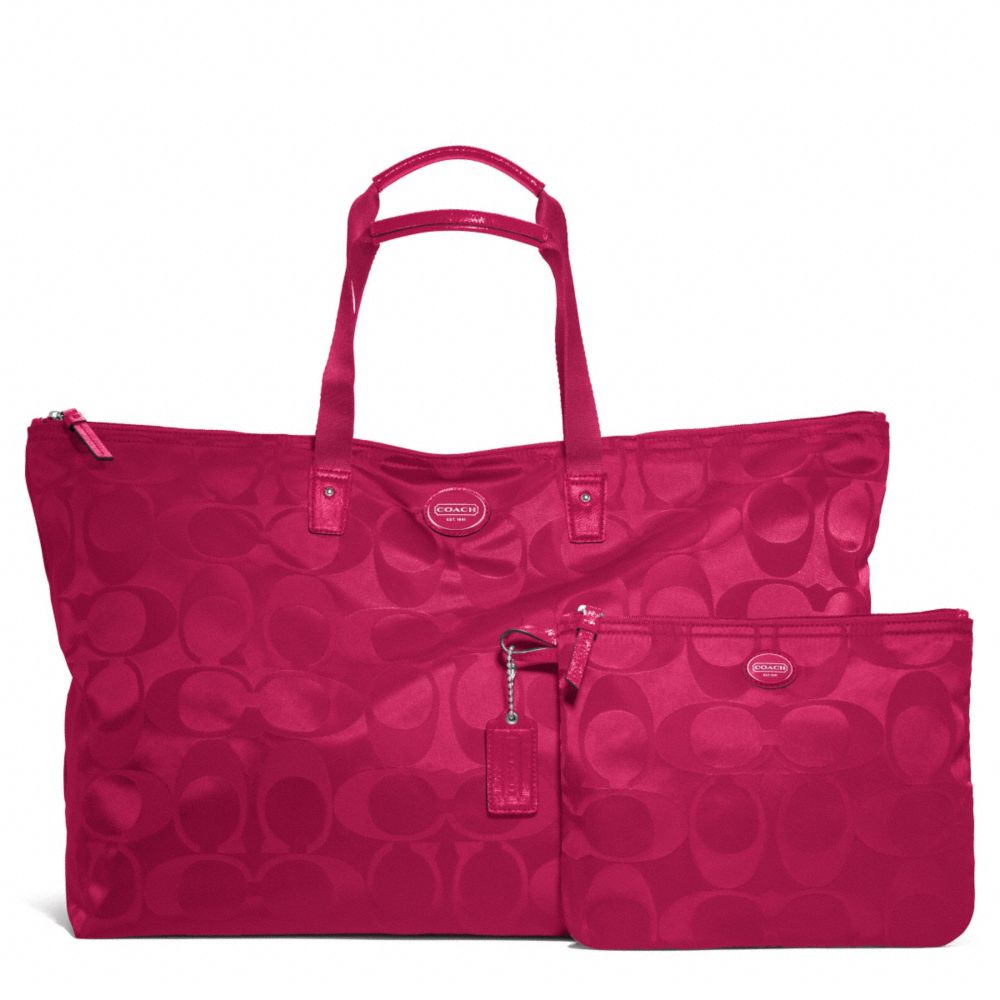 COACH F77316 Getaway Signature Nylon Large Packable Weekender SILVER/FUCHSIA