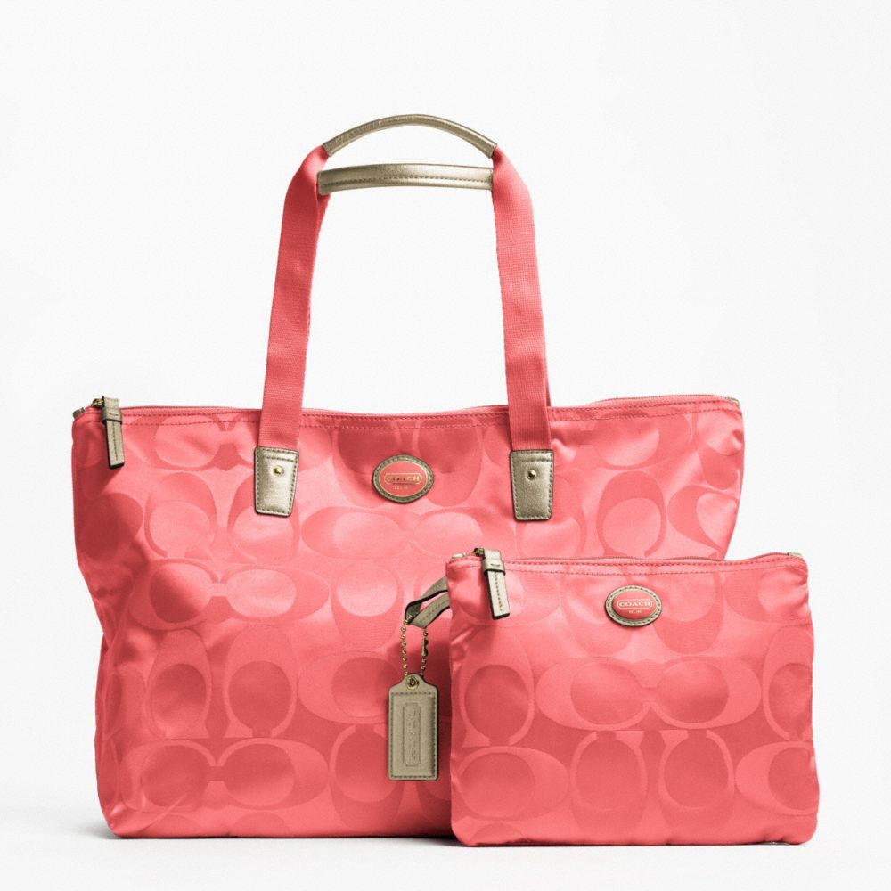 COACH GETAWAY SIGNATURE NYLON PACKABLE WEEKENDER - BRASS/CORAL - f77321