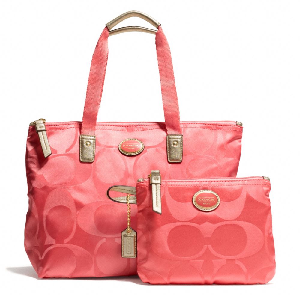 GETAWAY SIGNATURE NYLON SMALL PACKABLE TOTE - BRASS/CORAL - COACH F77322