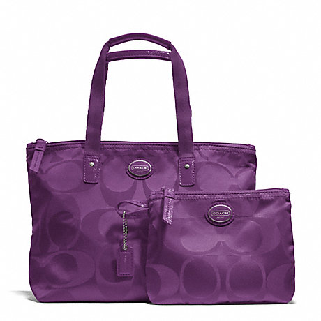 COACH F77322 GETAWAY SIGNATURE NYLON SMALL PACKABLE TOTE SILVER/AMETHYST