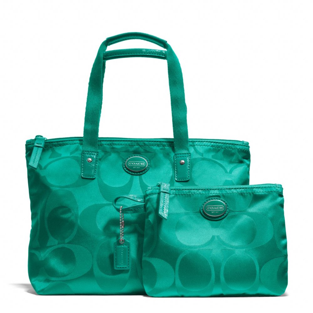 COACH F77322 GETAWAY SIGNATURE NYLON SMALL PACKABLE TOTE SILVER/BRIGHT-JADE