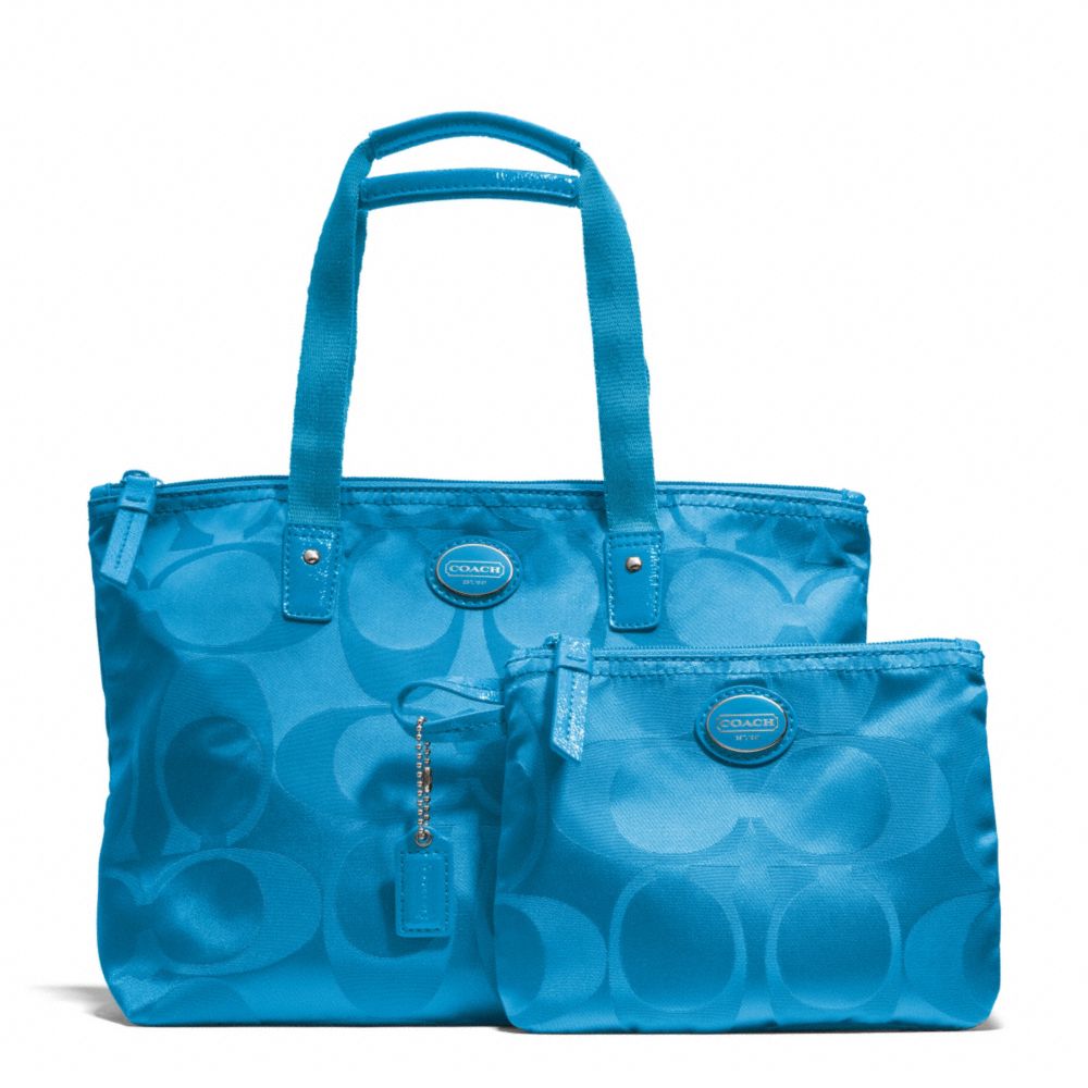 COACH F77322 Getaway Signature Nylon Small Packable Tote SILVER/BLUE