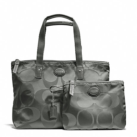 COACH F77322 GETAWAY SIGNATURE NYLON SMALL PACKABLE TOTE SILVER/GREY