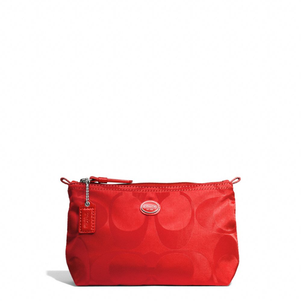 COACH GETAWAY SIGNATURE NYLON MINI COSMETIC POUCH - SILVER/VERMILLION - F77382