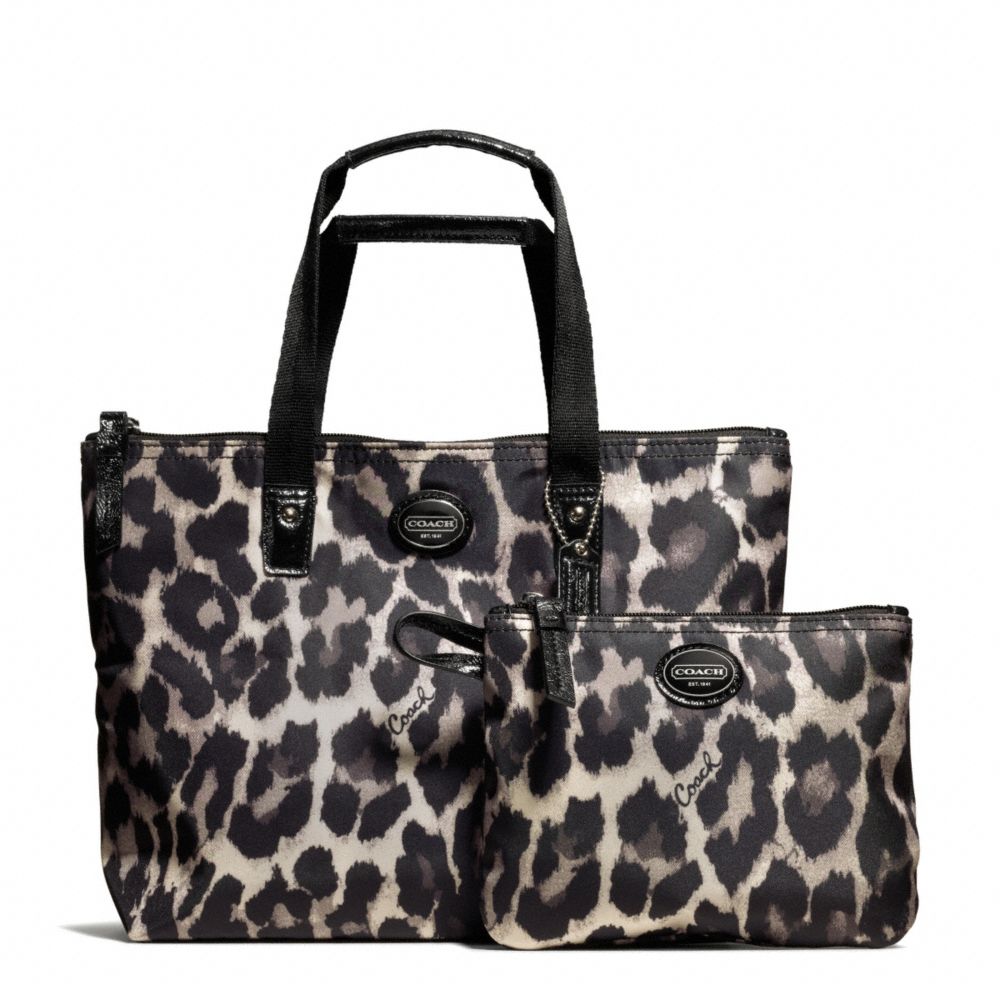 COACH F77442 - GETAWAY OCELOT PRINT SMALL PACKABLE TOTE SILVER/BLACK MULTI