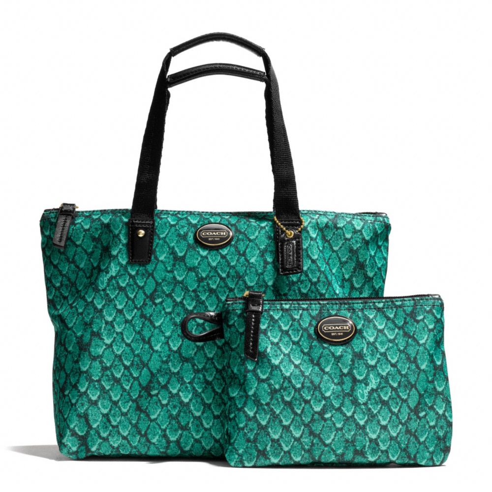 GETAWAY SNAKE PRINT SMALL PACKABLE TOTE - f77455 - BRASS/EMERALD