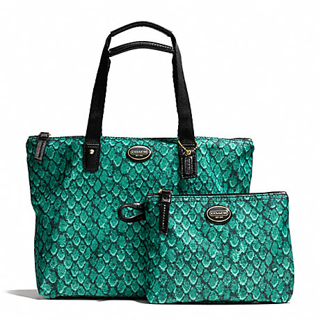 COACH F77455 GETAWAY SNAKE PRINT SMALL PACKABLE TOTE BRASS/EMERALD