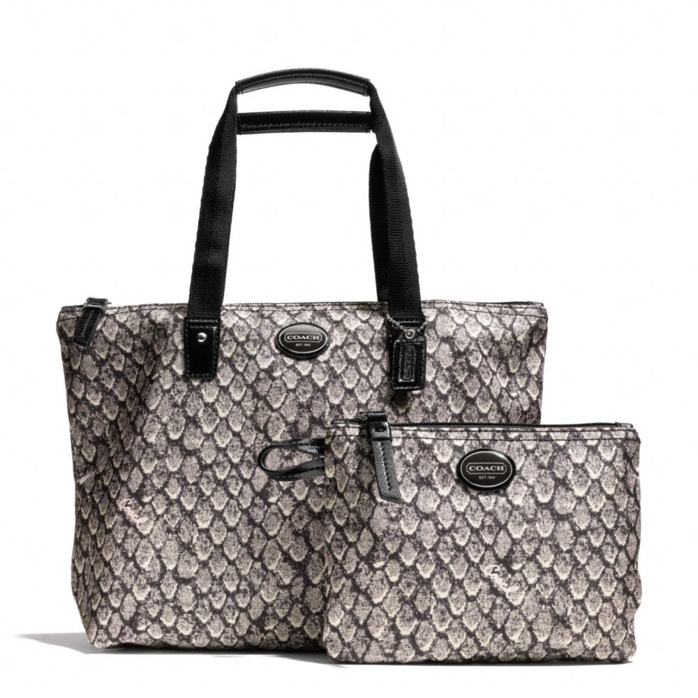 COACH F77455 GETAWAY SNAKE PRINT SMALL PACKABLE TOTE SILVER/GUNMETAL