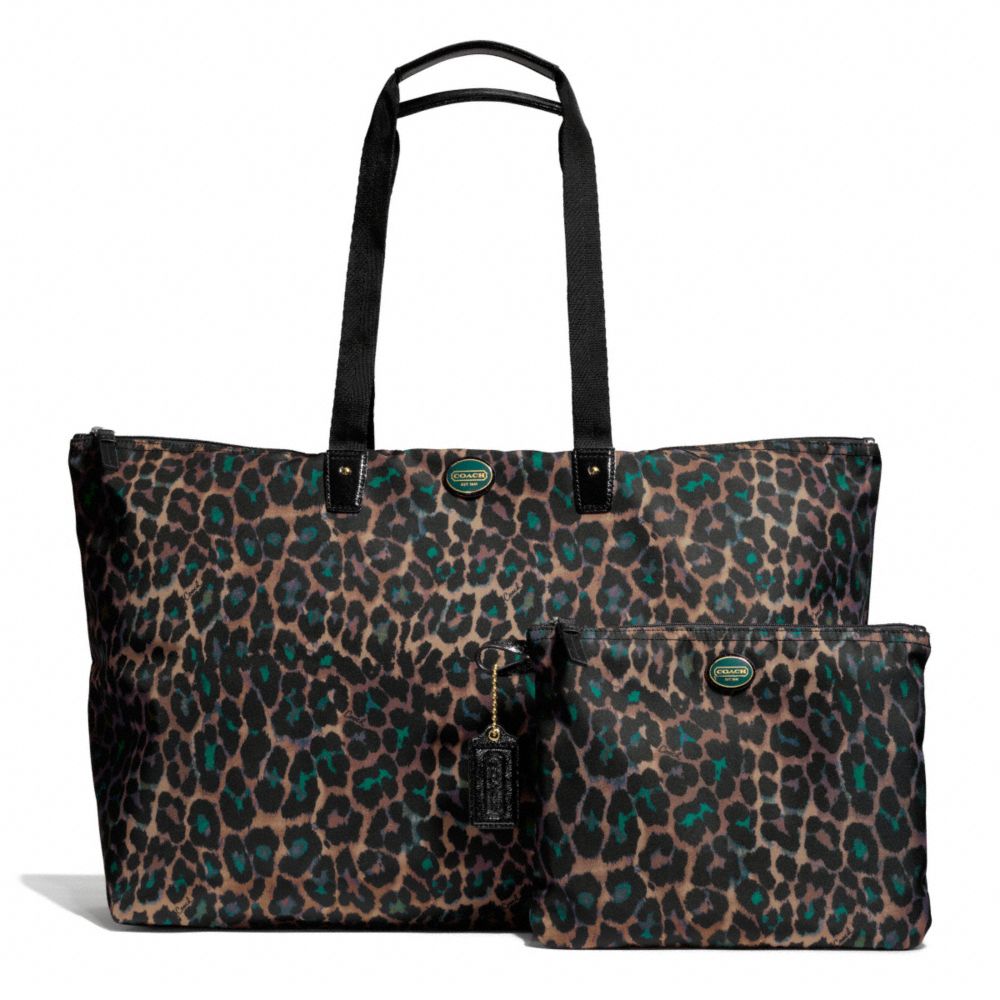 COACH f77460 GETAWAY OCELOT PRINT LARGE PACKABLE WEEKENDER BRASS/JADE MULTICOLOR