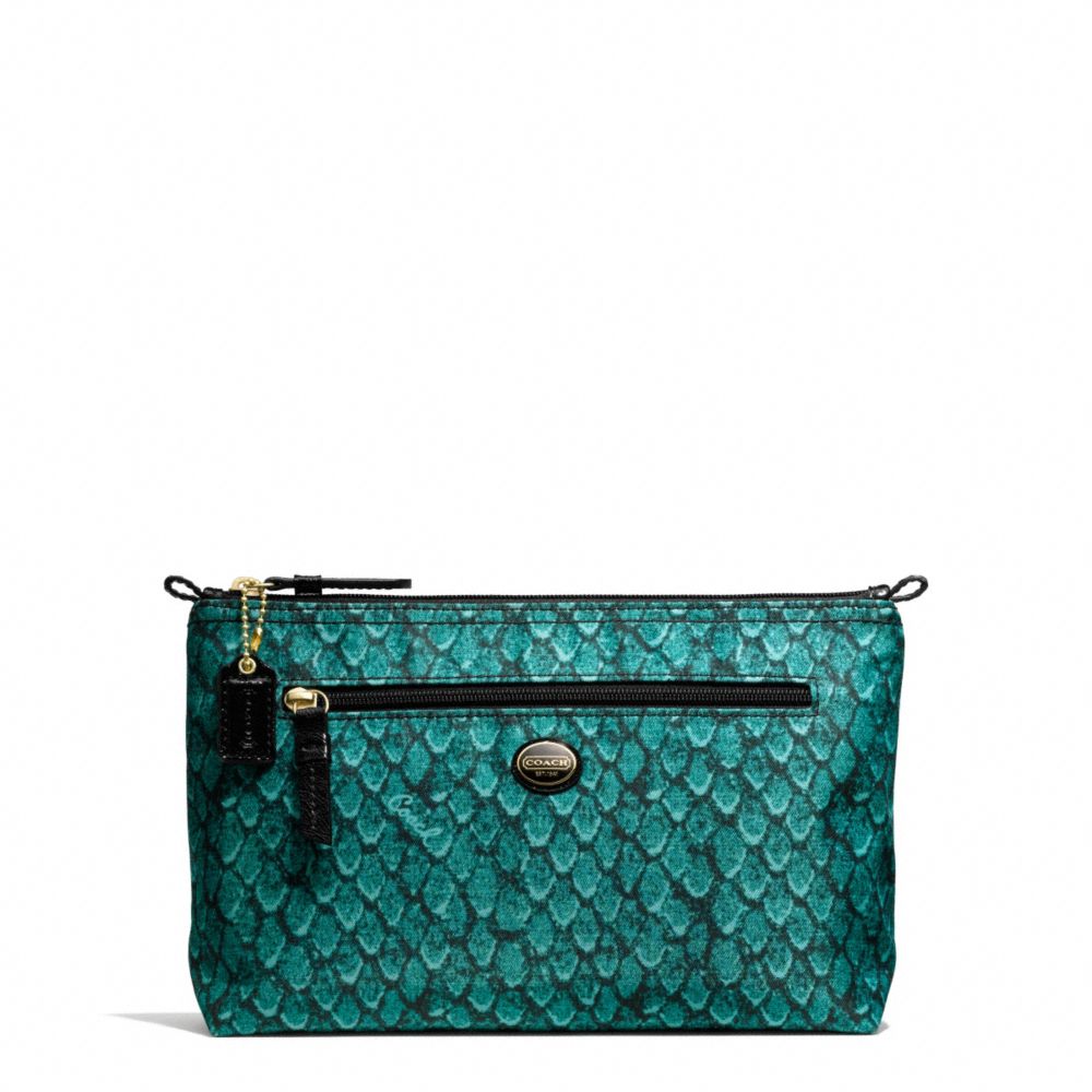 COACH f77462 GETAWAY SNAKE PRINT COSMETIC POUCH BRASS/EMERALD