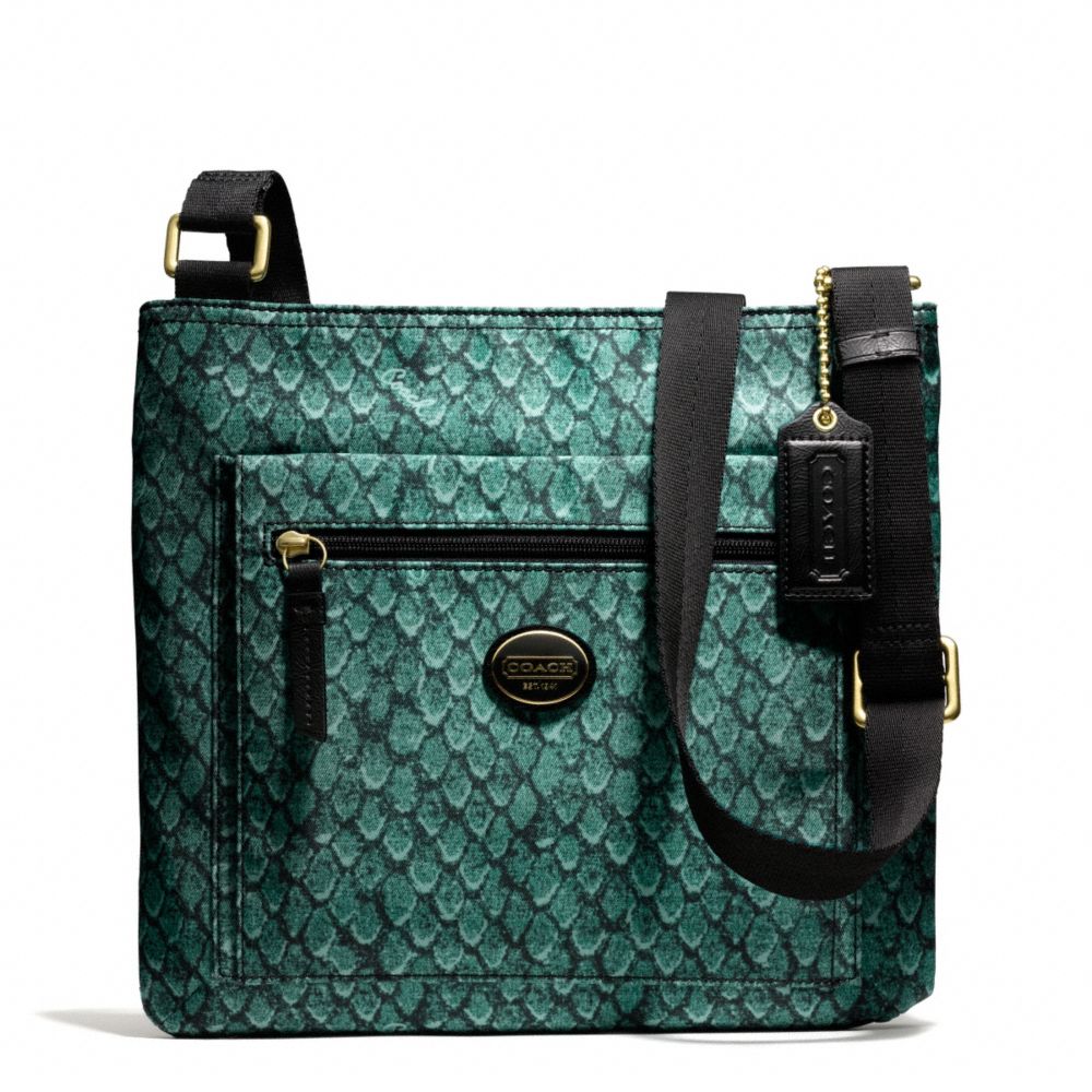 GETAWAY SNAKE PRINT FILE BAG - BRASS/EMERALD - COACH F77481