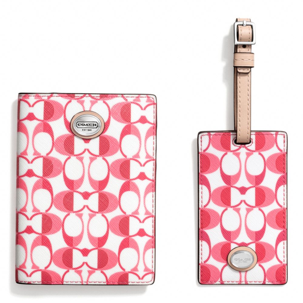 BOXED DREAM C PASSPORT CASE AND LUGGAGE TAG SET - f77589 - SILVER/WHITE POMEGRANATE/TAN