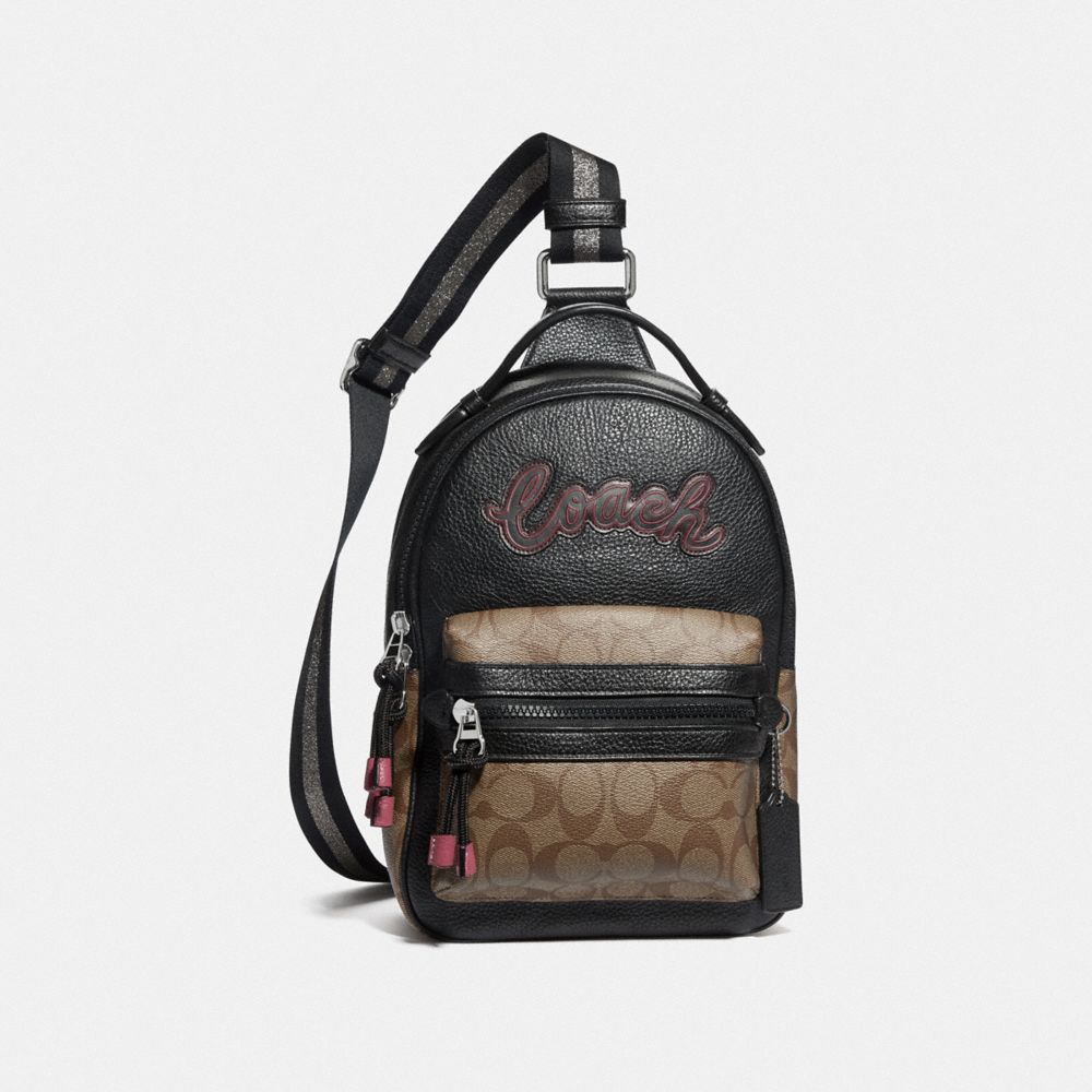 COACH F77841 VALE SLINGPACK WITH SIGNATURE CANVAS DETAIL KHAKI BLACK MULTI/SILVER