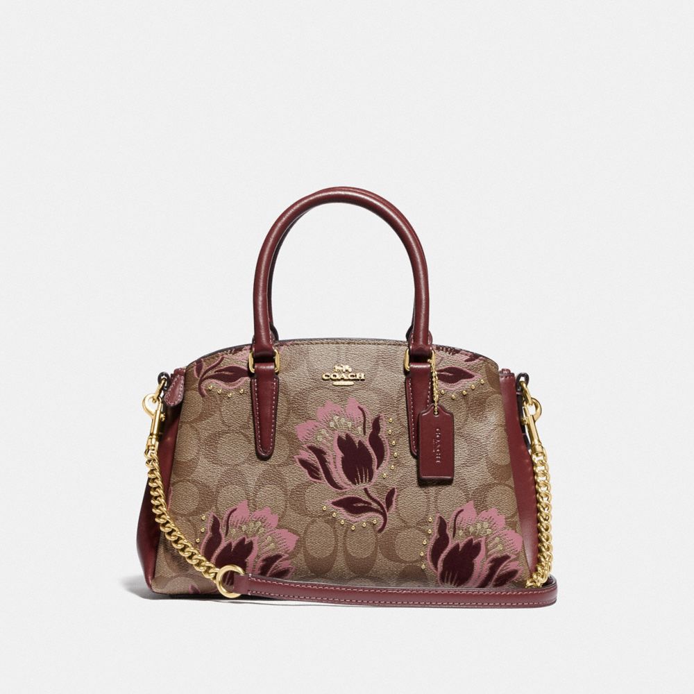 COACH F77850 MINI SAGE CARRYALL IN SIGNATURE COATED CANVAS WITH DESERT TULIP PRINT FLOCKING IM/KHAKI-PINK-MULTI