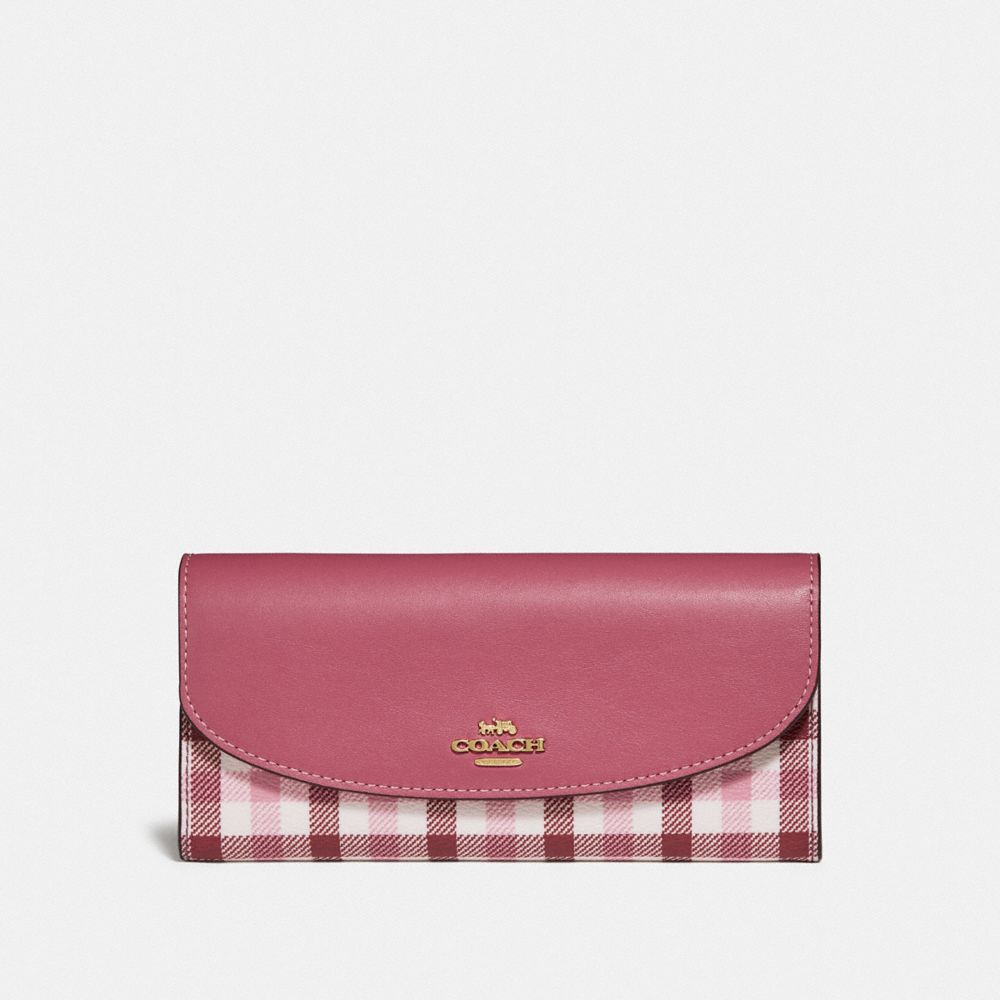 COACH SLIM ENVELOPE WALLET WITH GINGHAM PRINT - BROWN PINK MULTI/GOLD - F77856