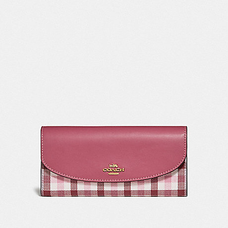 COACH F77856 SLIM ENVELOPE WALLET WITH GINGHAM PRINT BROWN PINK MULTI/GOLD