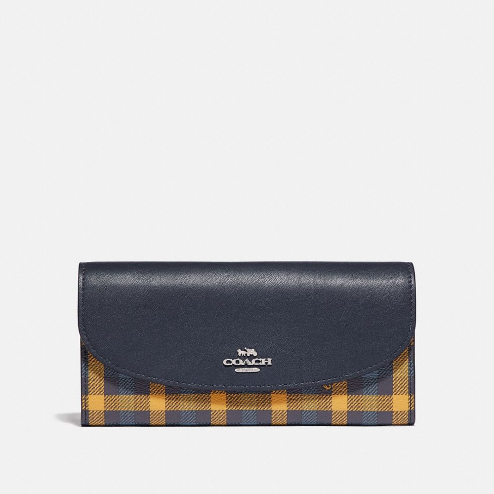 COACH SLIM ENVELOPE WALLET WITH GINGHAM PRINT - NAVY YELLOW MULTI/SILVER - F77856