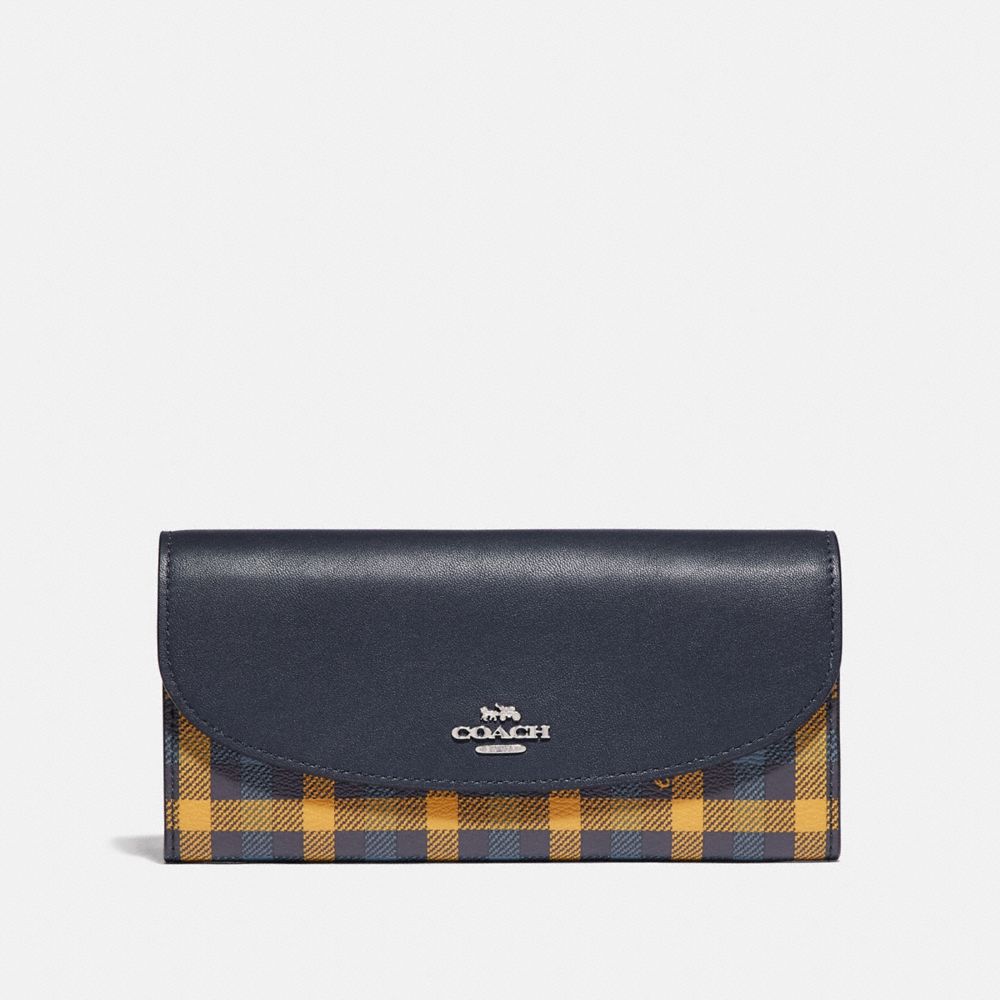 COACH F77856 SLIM ENVELOPE WALLET WITH GINGHAM PRINT NAVY YELLOW MULTI/SILVER