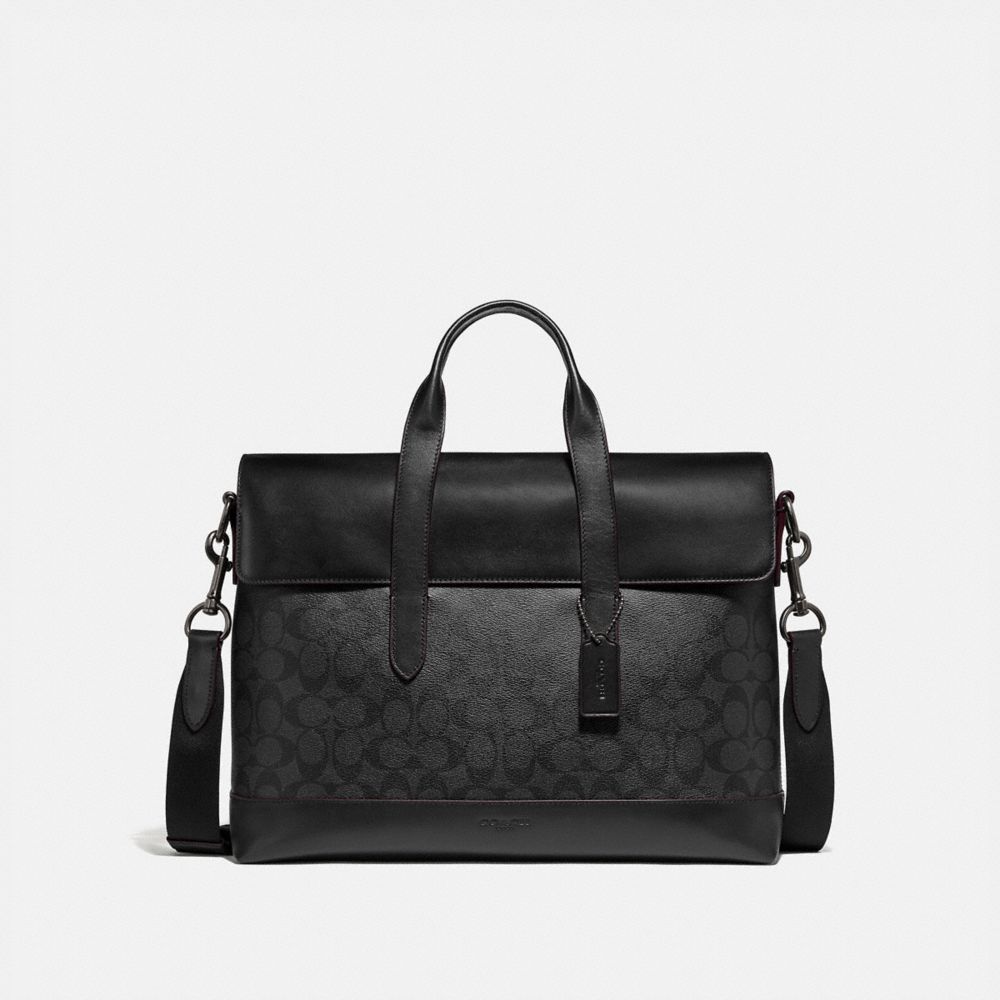 COACH F77858 HAMILTON PORTFOLIO BRIEF IN SIGNATURE CANVAS BLACK/BLACK/OXBLOOD/BLACK COPPER FINISH