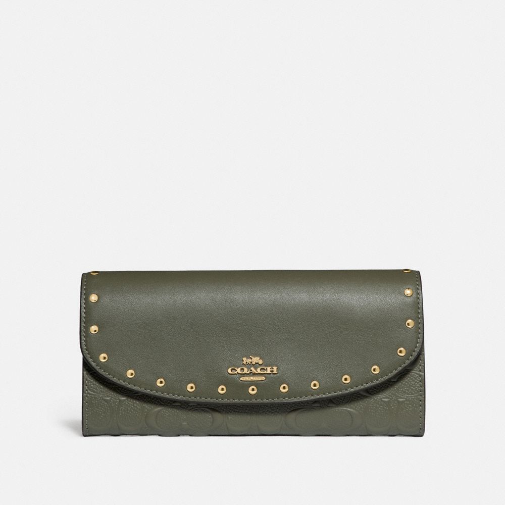 COACH SLIM ENVELOPE WALLET WITH RIVETS - MILITARY GREEN/GOLD - F77866