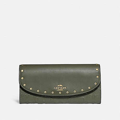 COACH F77866 SLIM ENVELOPE WALLET WITH RIVETS MILITARY GREEN/GOLD