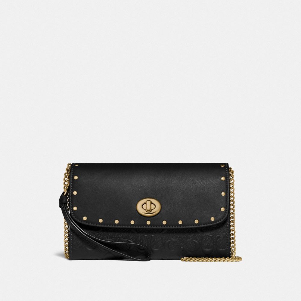 CHAIN CROSSBODY IN SIGNATURE LEATHER WITH RIVETS - BLACK/GOLD - COACH F77878