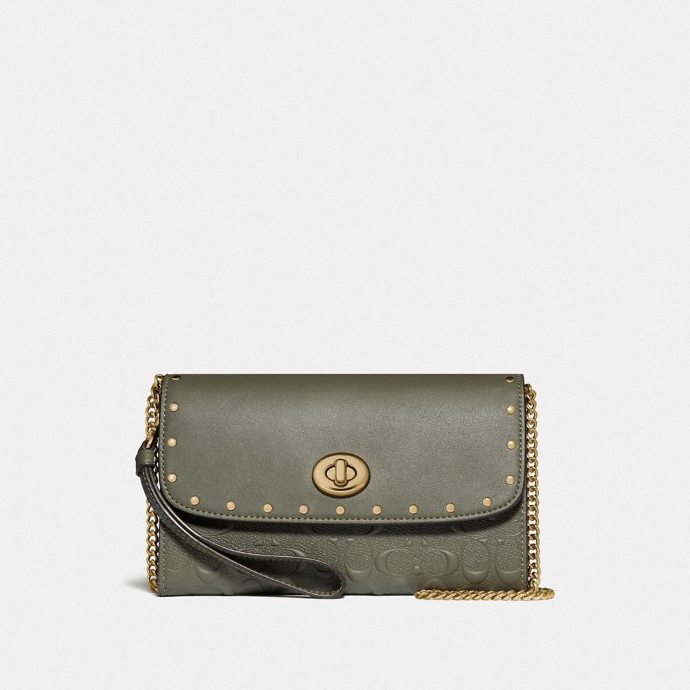 COACH F77878 - CHAIN CROSSBODY IN SIGNATURE LEATHER WITH RIVETS MILITARY GREEN/GOLD
