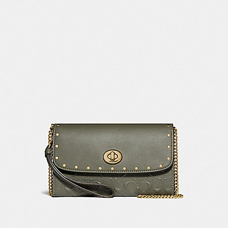 COACH CHAIN CROSSBODY IN SIGNATURE LEATHER WITH RIVETS - MILITARY GREEN/GOLD - F77878