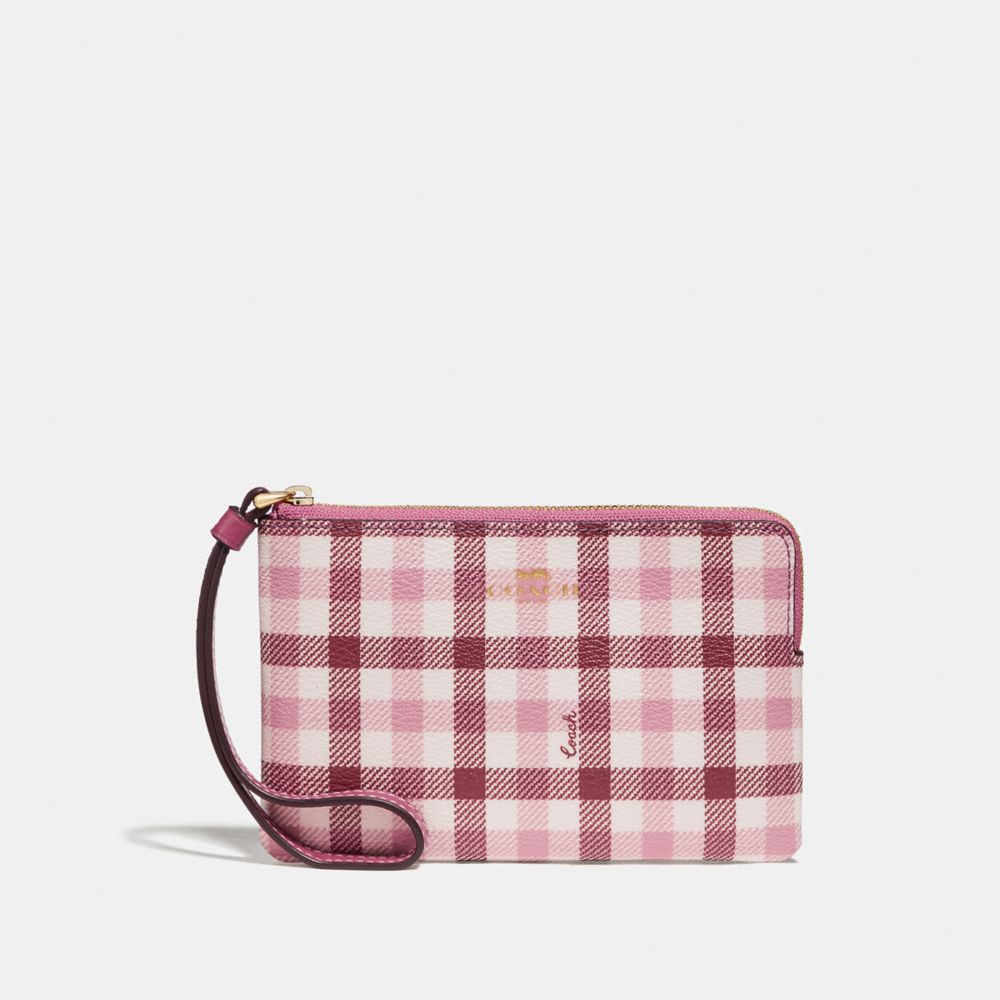 CORNER ZIP WRISTLET WITH GINGHAM PRINT - BROWN PINK MULTI/GOLD - COACH F77890