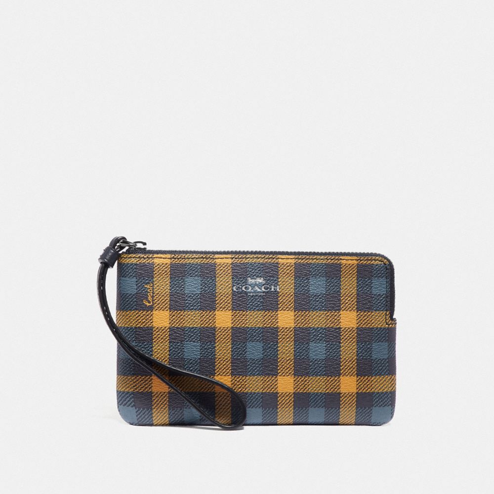 CORNER ZIP WRISTLET WITH GINGHAM PRINT - NAVY YELLOW MULTI/SILVER - COACH F77890