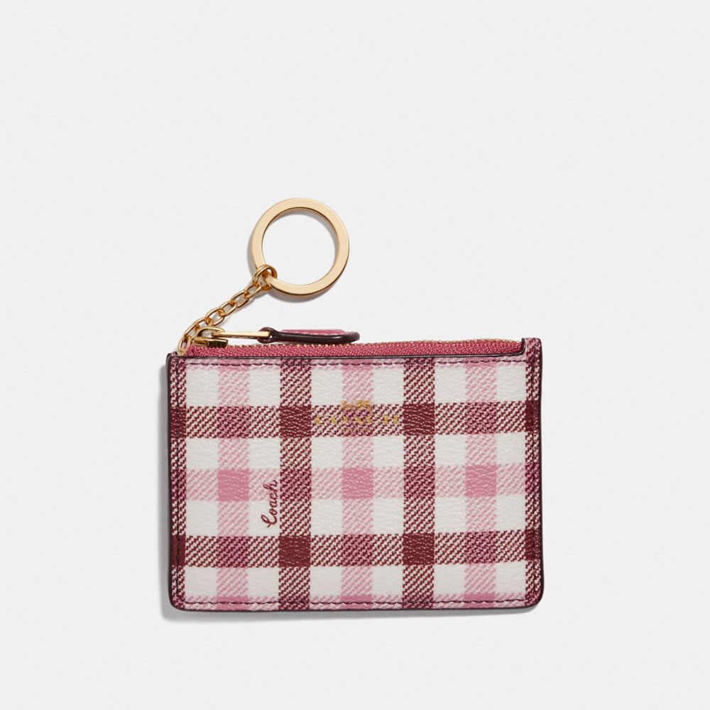 COACH MINI SKINNY ID CASE WITH GINGHAM PRINT - BROWN PINK MULTI/GOLD - F77898