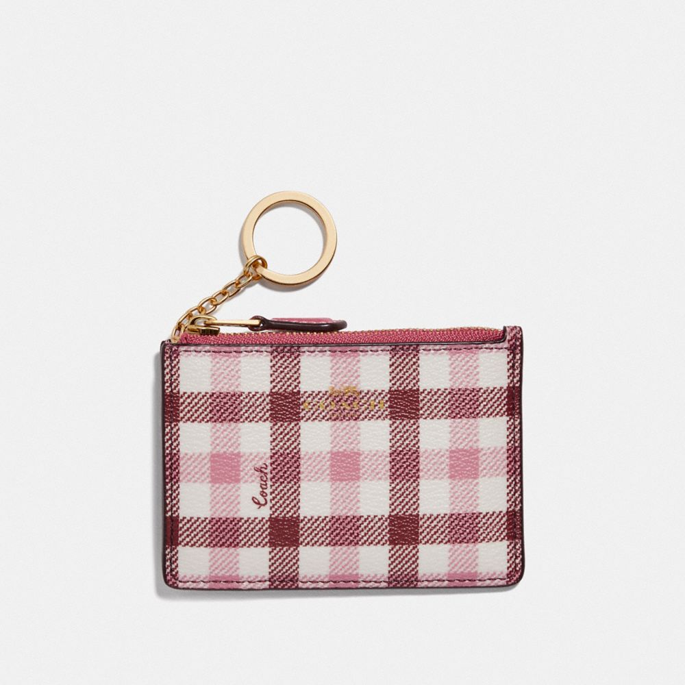 COACH F77898 MINI SKINNY ID CASE WITH GINGHAM PRINT BROWN PINK MULTI/GOLD