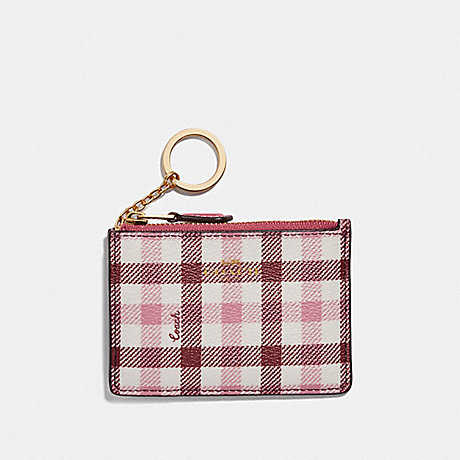 COACH F77898 MINI SKINNY ID CASE WITH GINGHAM PRINT BROWN PINK MULTI/GOLD