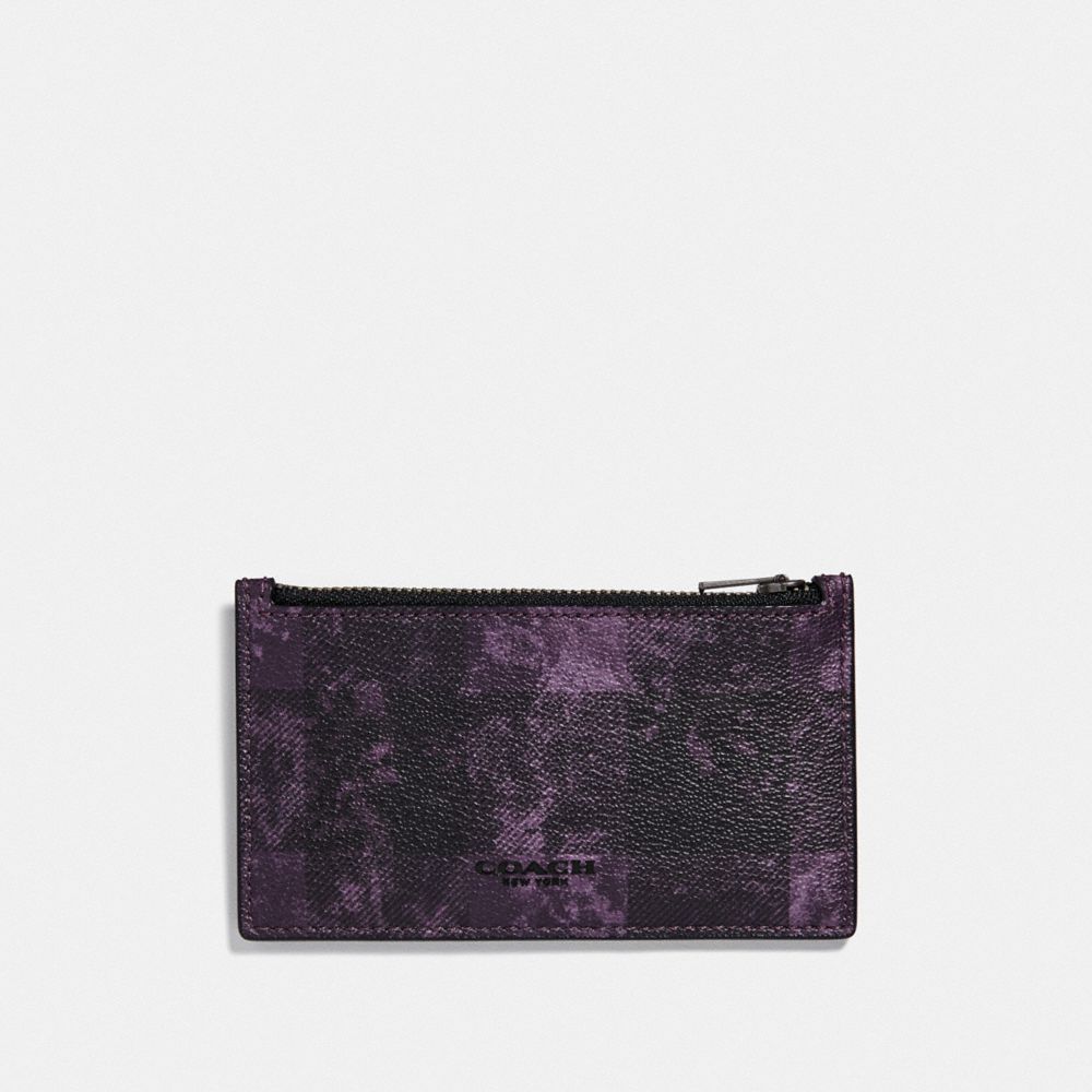 COACH ZIP CARD CASE WITH GRUNGE BUFFALO PLAID PRINT - QB/DEEP PURPLE - F77947