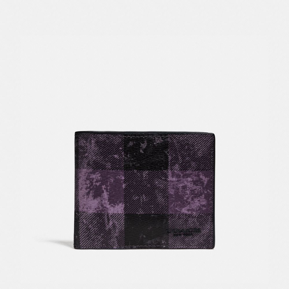 COACH ID BILLFOLD WALLET WITH GRUNGE BUFFALO PLAID PRINT - QB/DEEP PURPLE - F77948