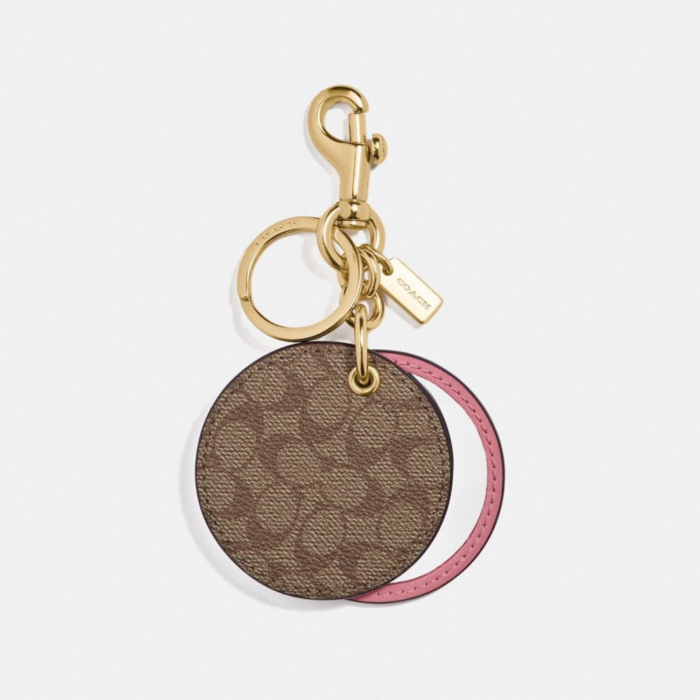 COACH F77961 MIRROR BAG CHARM IN SIGNATURE CANVAS GD/KHAKI PINK